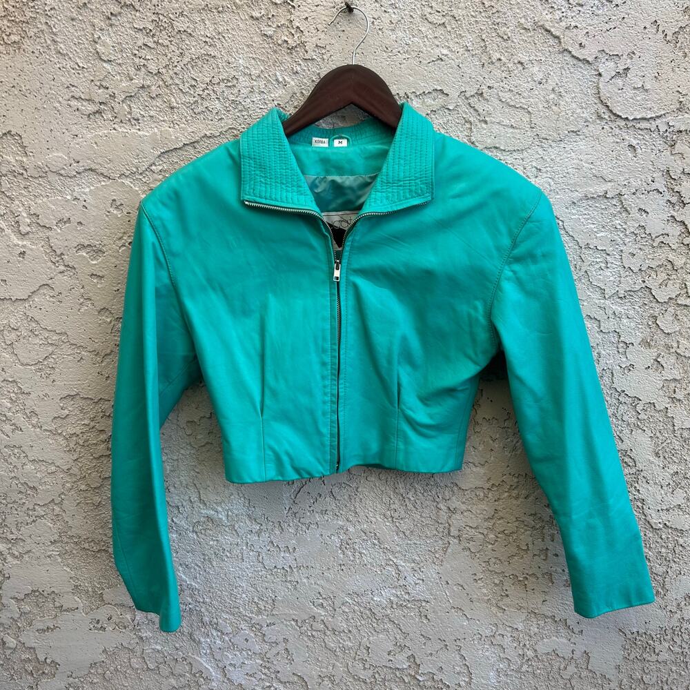 Vintage Teal Leather Cropped Jacket